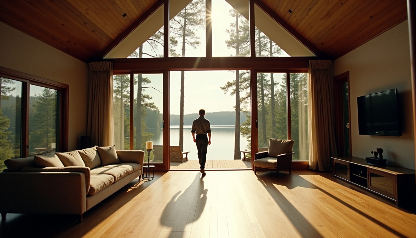 A man walking into a double-height living room open to a lake