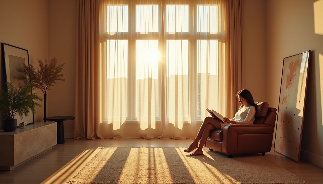A woman reading by a tall window in late afternoon light